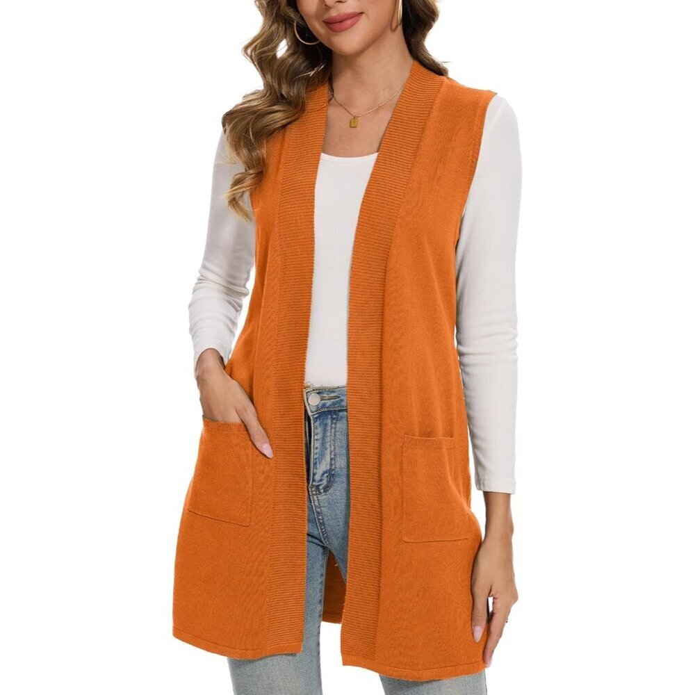 Sleeveless Cardigan Vest Women Long Sweater Coat Pockets Casual Layering